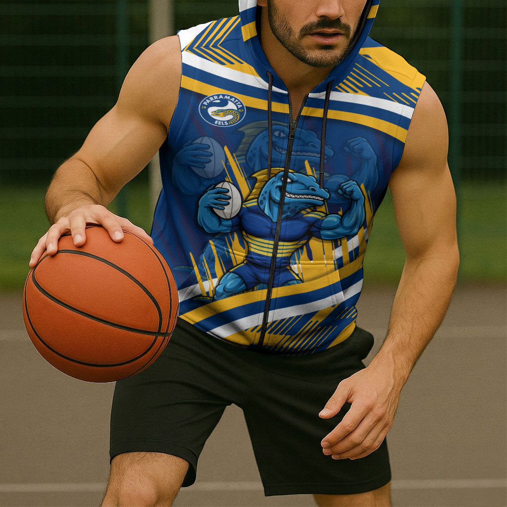 Eels Rugby Mascot Sleeveless Zip Hoodie Fierce Athlete Graphic in Sports Style