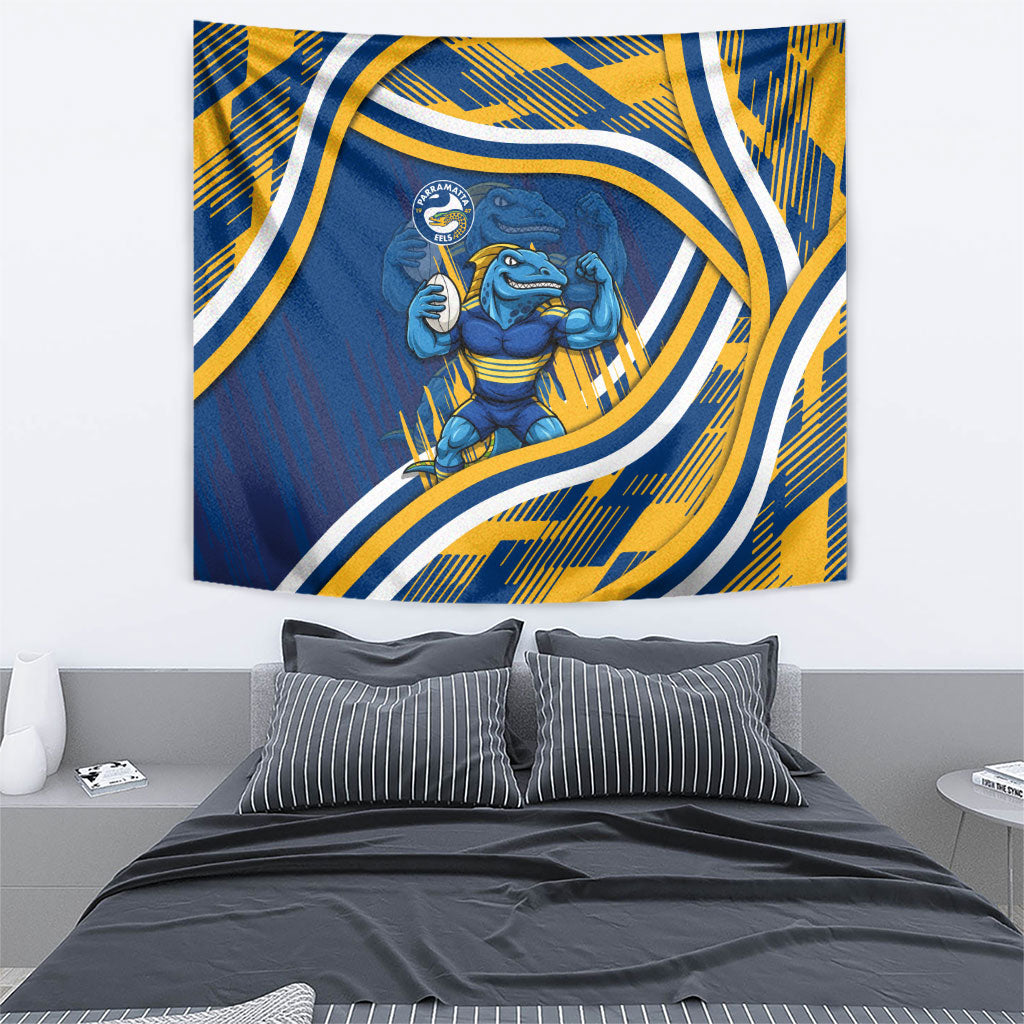 Eels Rugby Mascot Tapestry Fierce Athlete Graphic in Sports Style