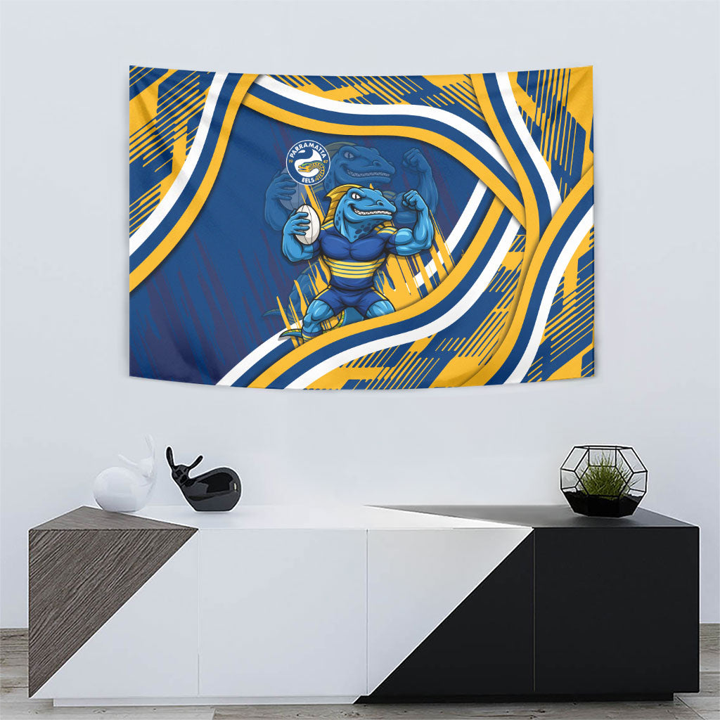 Eels Rugby Mascot Tapestry Fierce Athlete Graphic in Sports Style