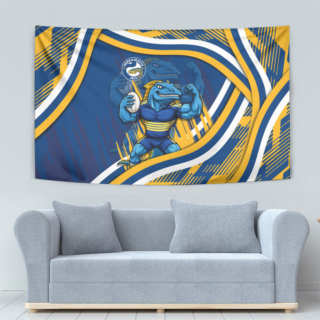 Eels Rugby Mascot Tapestry Fierce Athlete Graphic in Sports Style