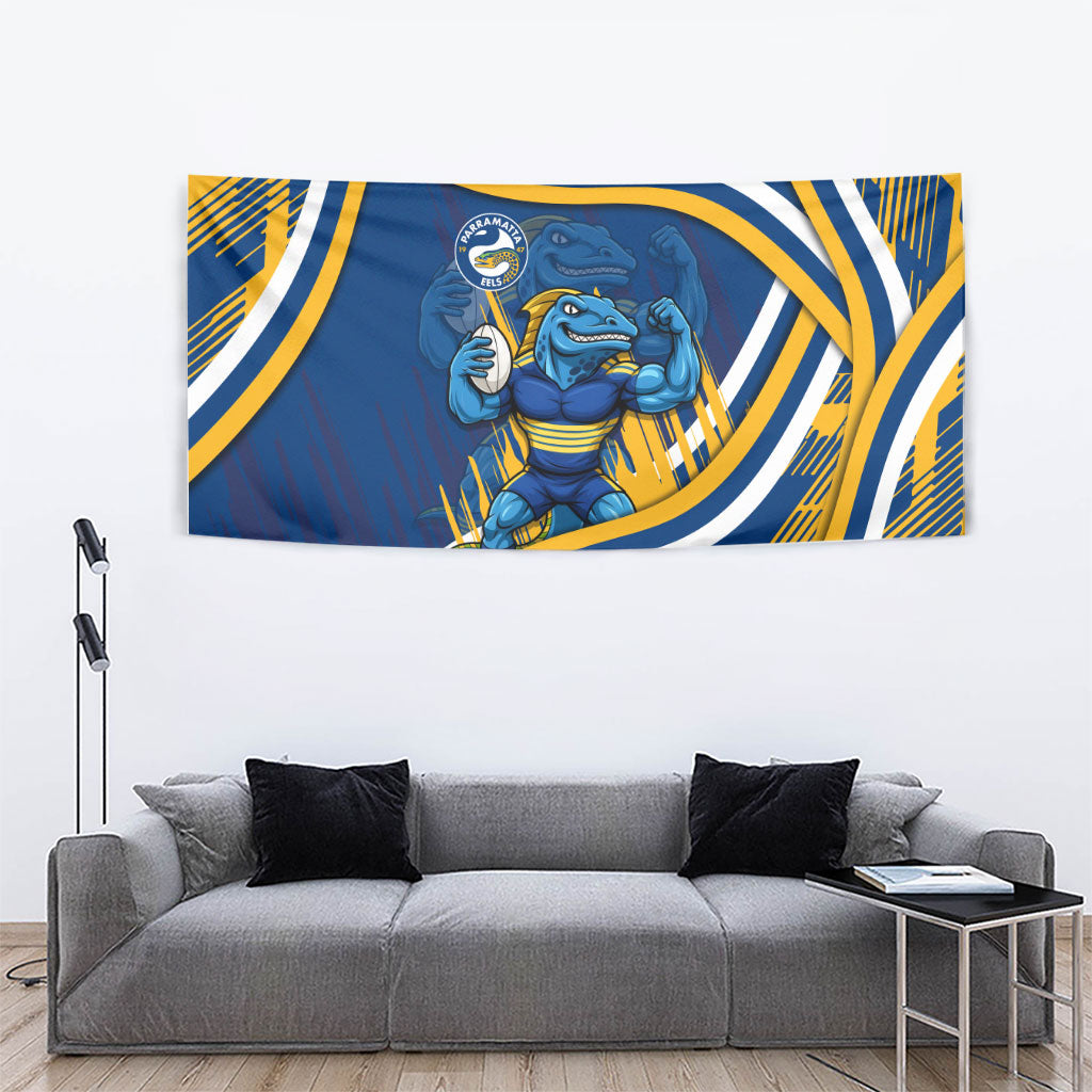 Eels Rugby Mascot Tapestry Fierce Athlete Graphic in Sports Style