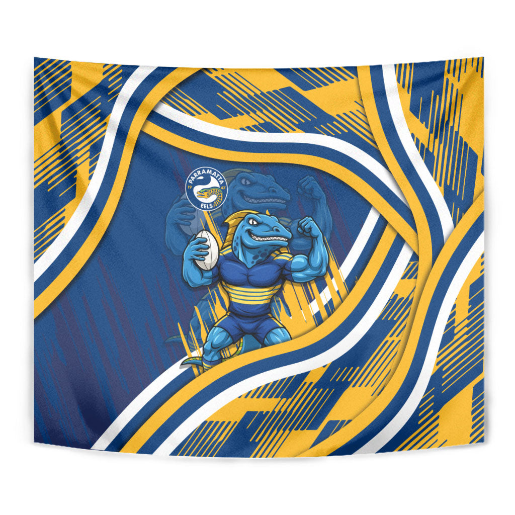 Eels Rugby Mascot Tapestry Fierce Athlete Graphic in Sports Style