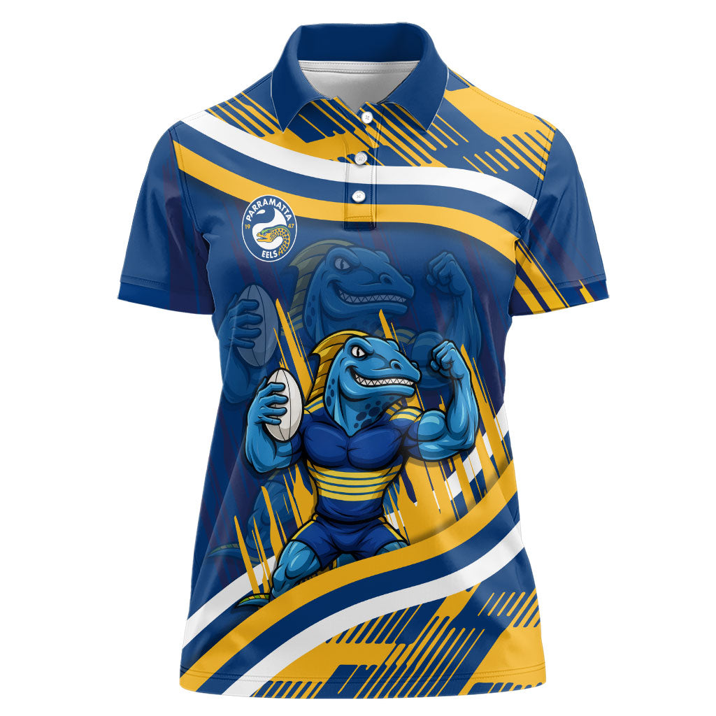 Eels Rugby Mascot Women Polo Shirt Fierce Athlete Graphic in Sports Style