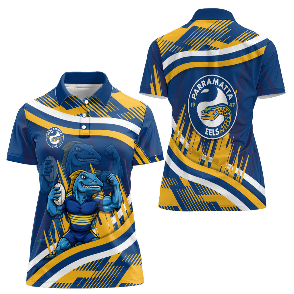 Eels Rugby Mascot Women Polo Shirt Fierce Athlete Graphic in Sports Style
