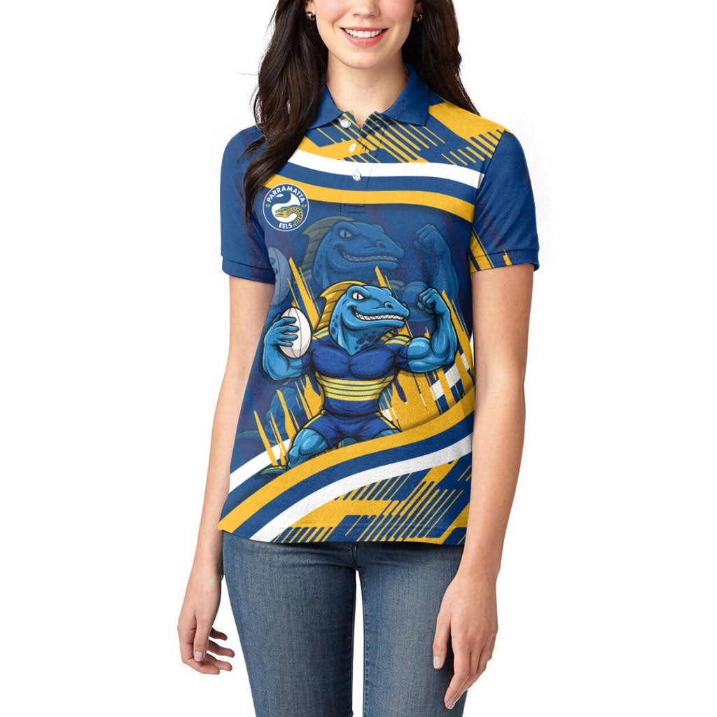 Eels Rugby Mascot Women Polo Shirt Fierce Athlete Graphic in Sports Style
