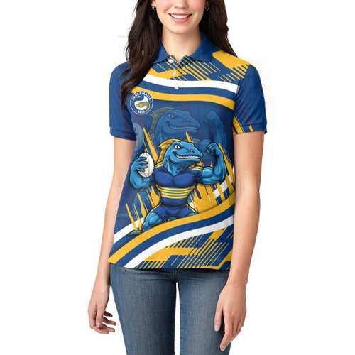 Eels Rugby Mascot Women Polo Shirt Fierce Athlete Graphic in Sports Style