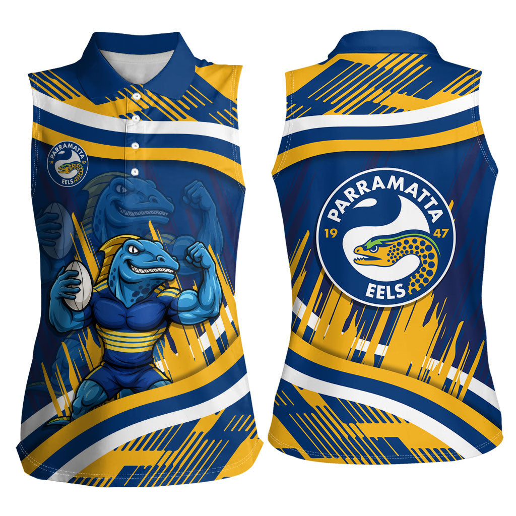 Eels Rugby Mascot Women Sleeveless Polo Shirt Fierce Athlete Graphic in Sports Style