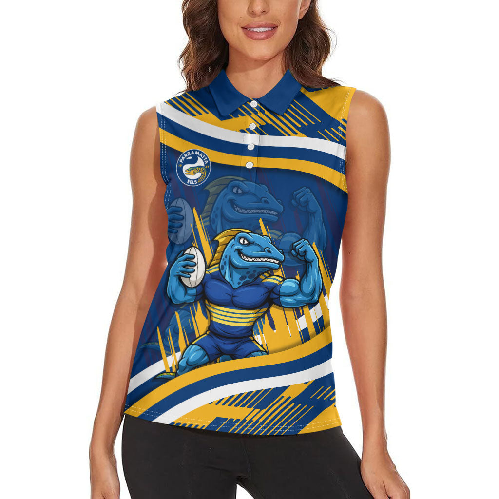 Eels Rugby Mascot Women Sleeveless Polo Shirt Fierce Athlete Graphic in Sports Style