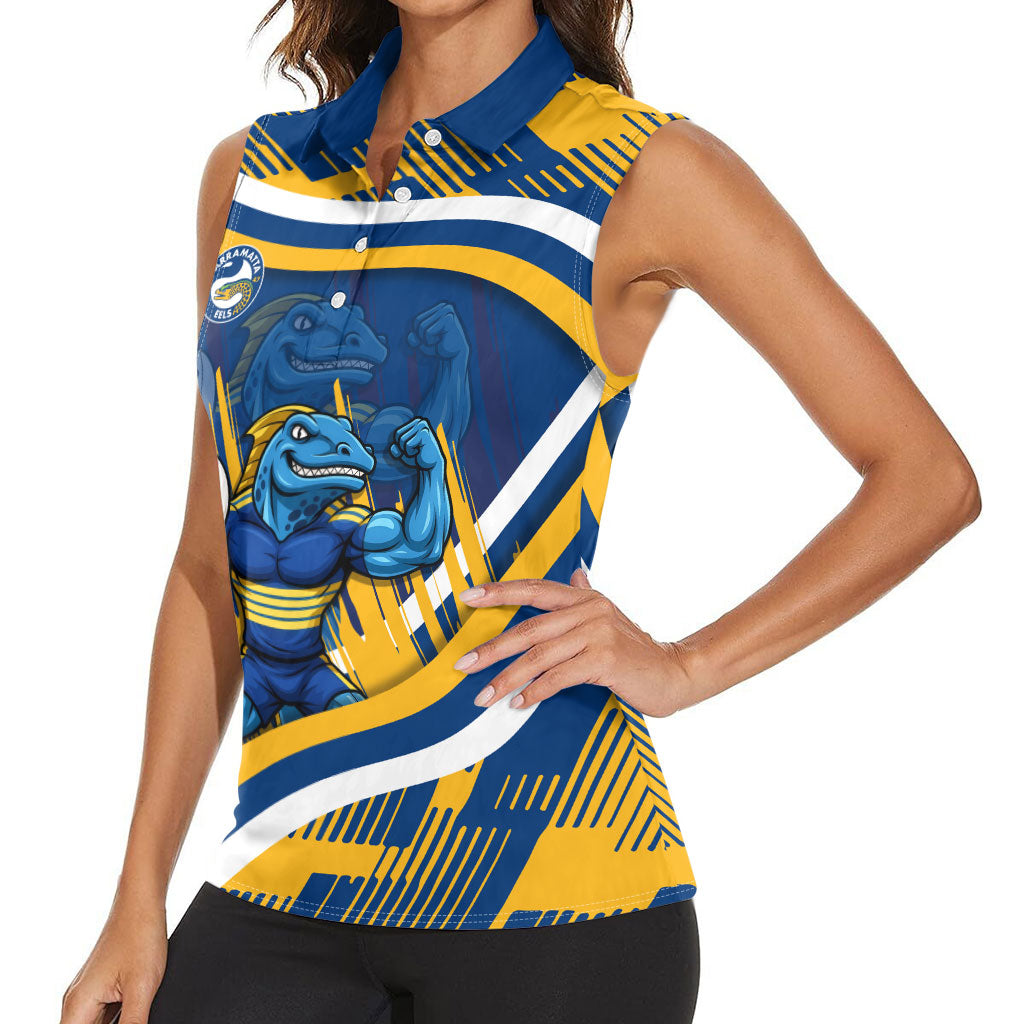Eels Rugby Mascot Women Sleeveless Polo Shirt Fierce Athlete Graphic in Sports Style