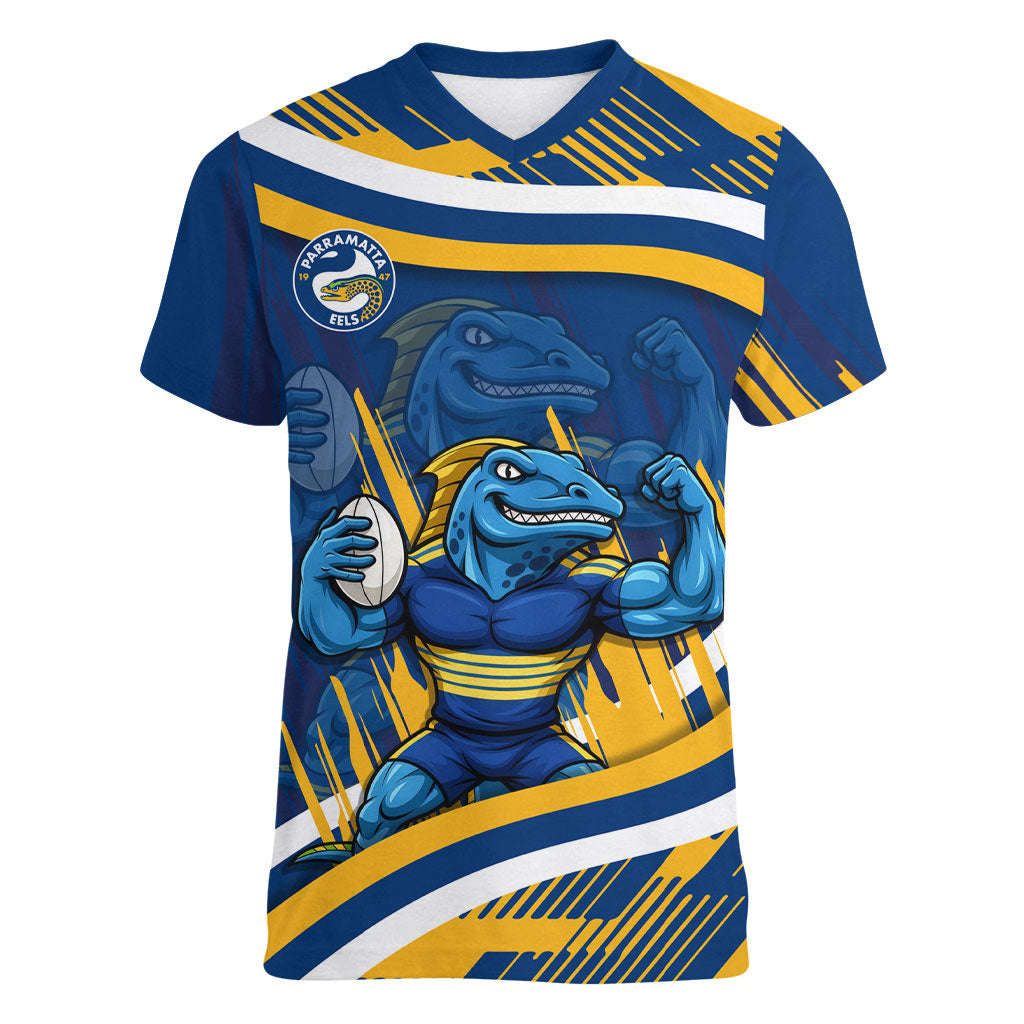 Eels Rugby Mascot Women V-Neck T-Shirt Fierce Athlete Graphic in Sports Style