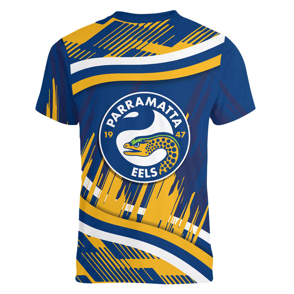 Eels Rugby Mascot Women V-Neck T-Shirt Fierce Athlete Graphic in Sports Style