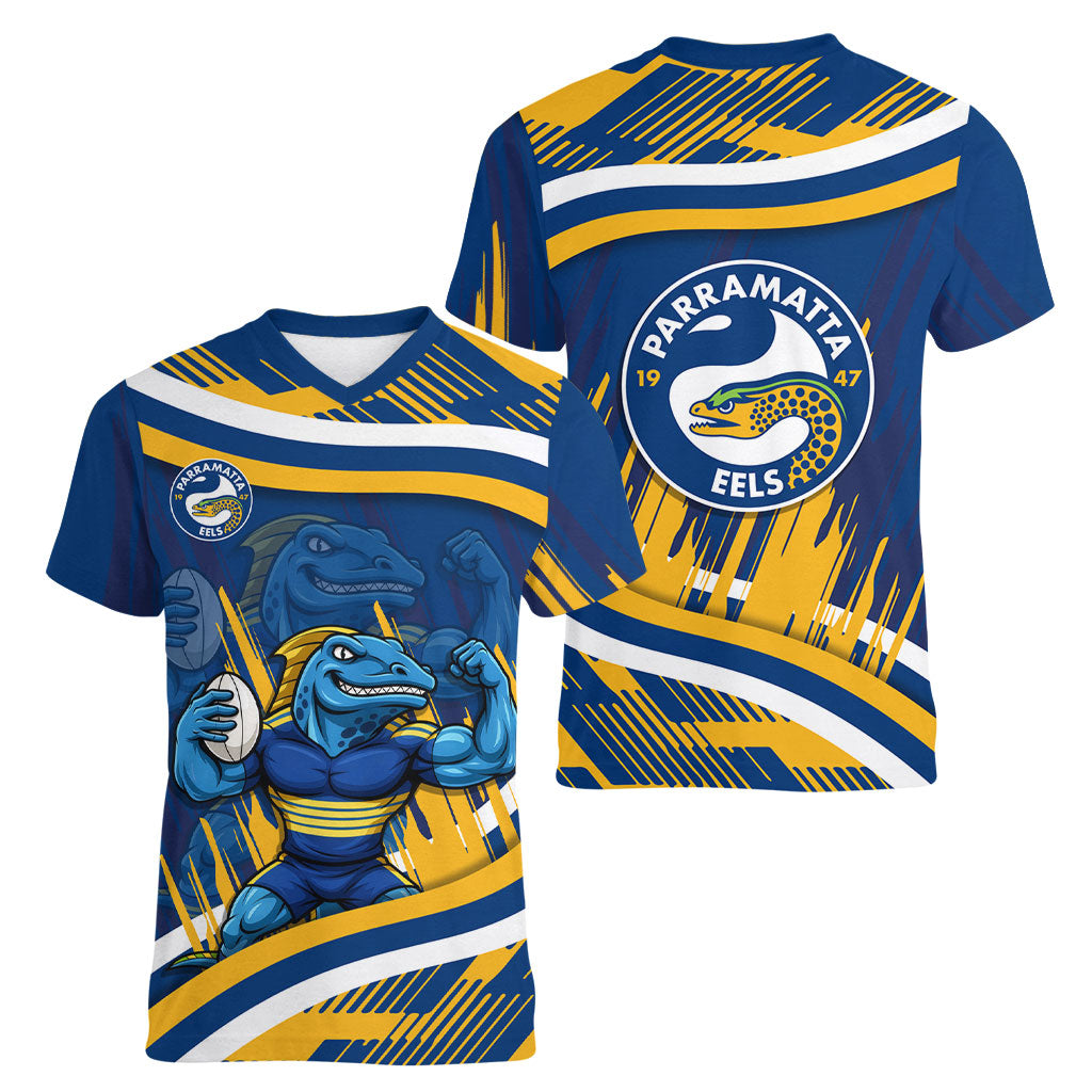 Eels Rugby Mascot Women V-Neck T-Shirt Fierce Athlete Graphic in Sports Style