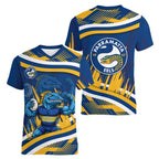 Eels Rugby Mascot Women V-Neck T-Shirt Fierce Athlete Graphic in Sports Style
