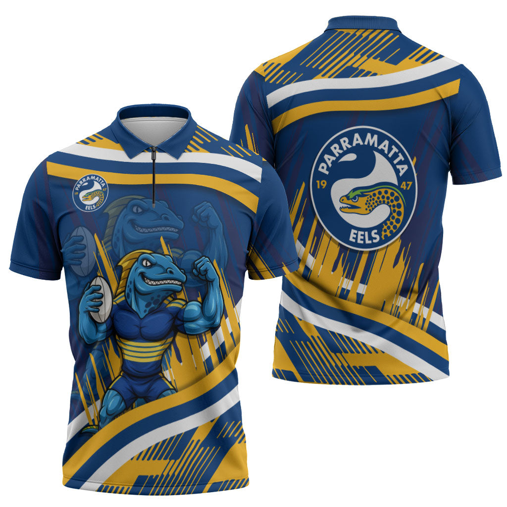Eels Rugby Mascot Zipper Polo Shirt Fierce Athlete Graphic in Sports Style