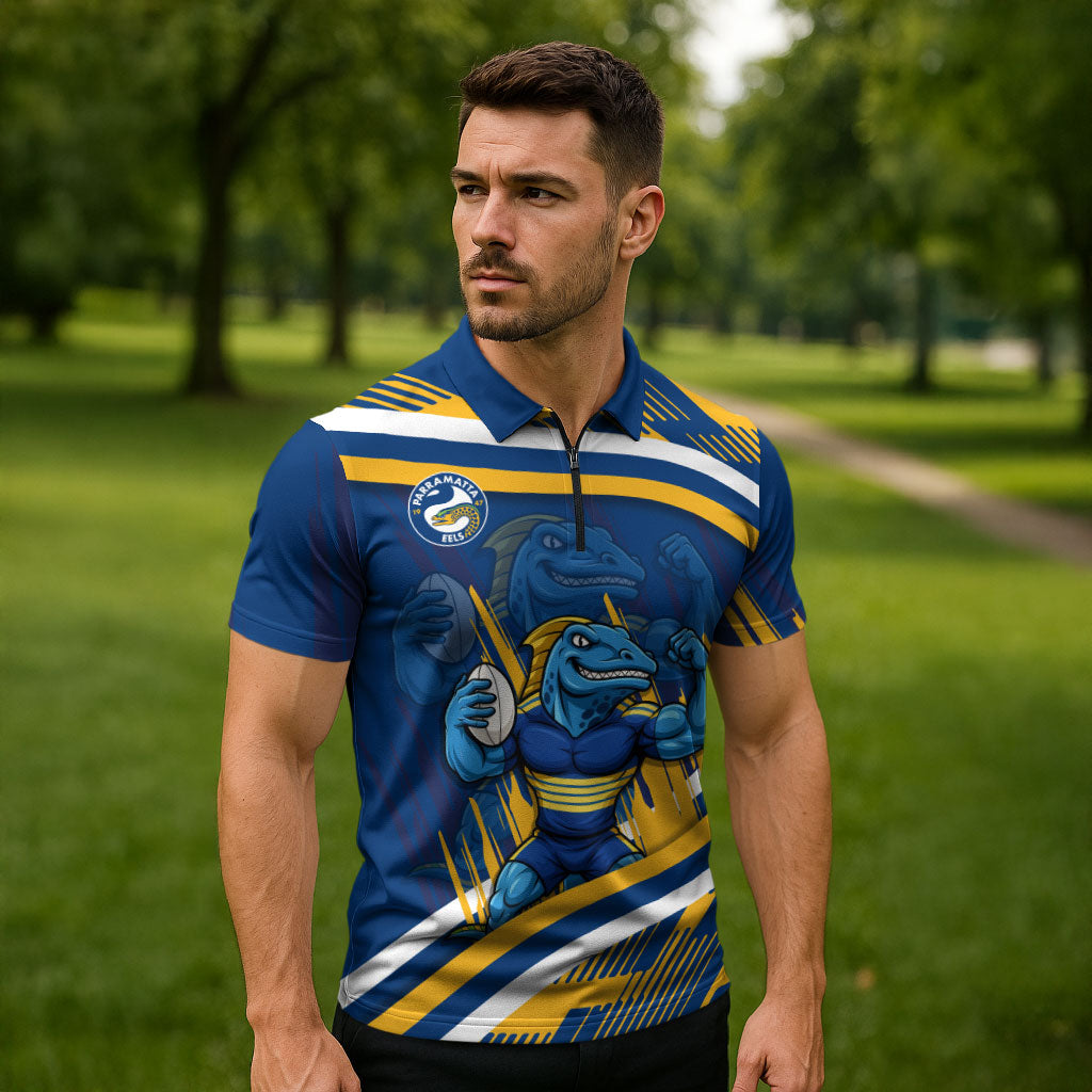 Eels Rugby Mascot Zipper Polo Shirt Fierce Athlete Graphic in Sports Style