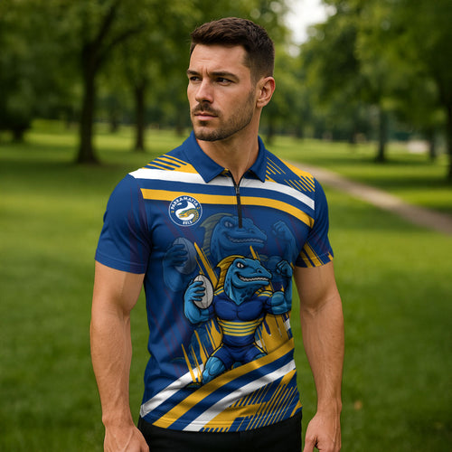 Eels Rugby Mascot Zipper Polo Shirt Fierce Athlete Graphic in Sports Style