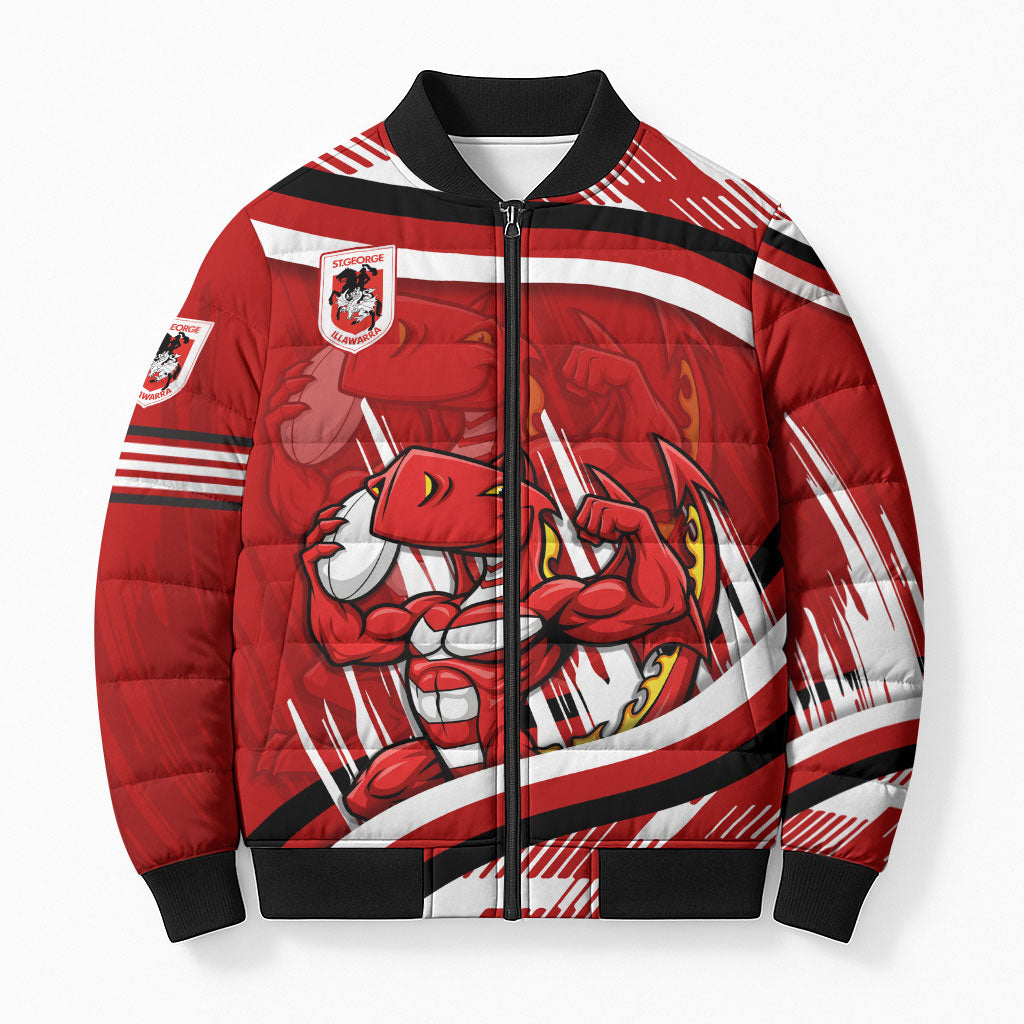 Dragons Rugby Mascot Bomber Puffer Jacket Fierce Athlete Graphic in Sports Style