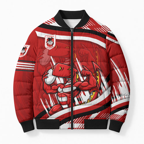 Dragons Rugby Mascot Bomber Puffer Jacket Fierce Athlete Graphic in Sports Style