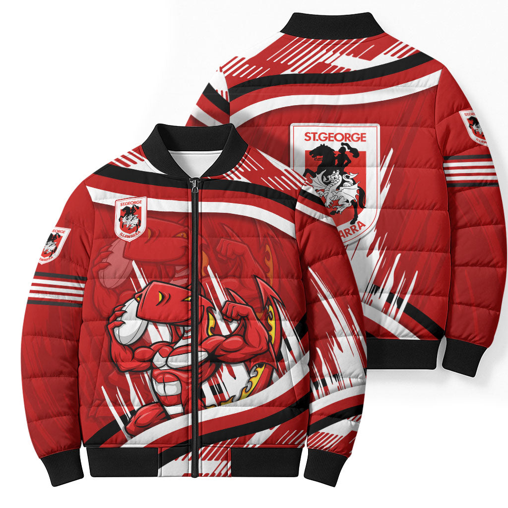 Dragons Rugby Mascot Bomber Puffer Jacket Fierce Athlete Graphic in Sports Style