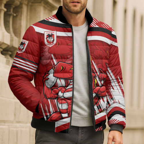 Dragons Rugby Mascot Bomber Puffer Jacket Fierce Athlete Graphic in Sports Style