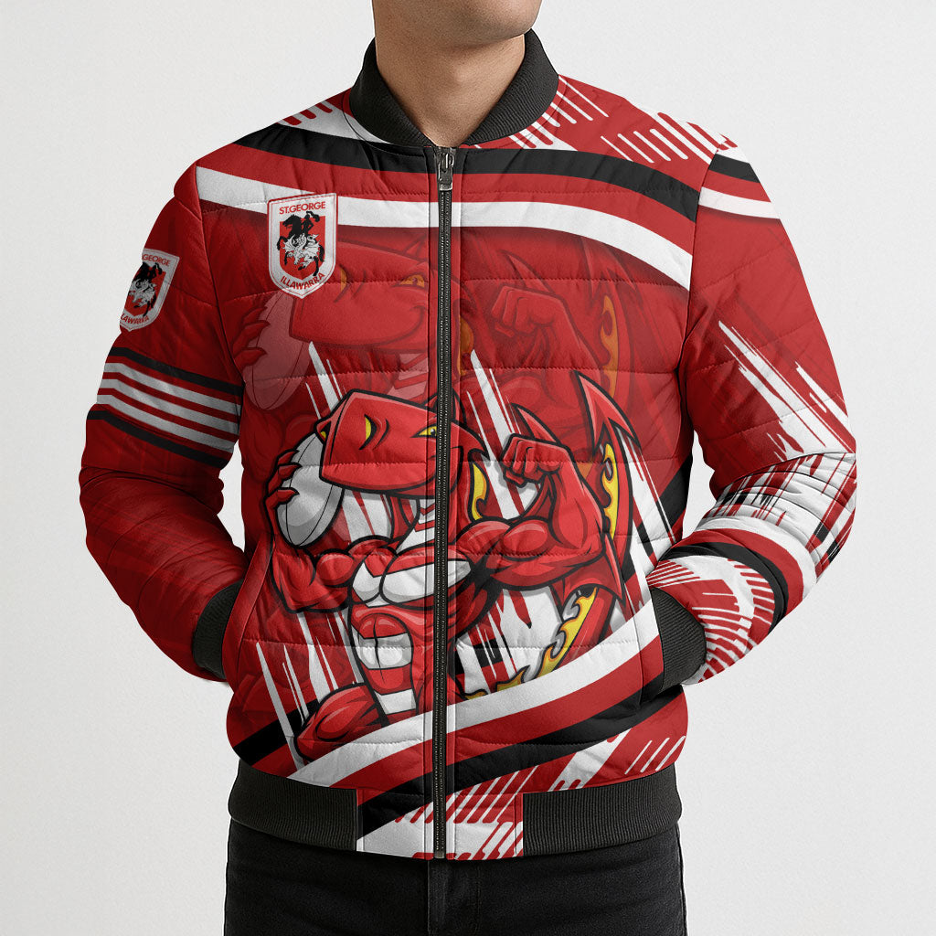 Dragons Rugby Mascot Bomber Puffer Jacket Fierce Athlete Graphic in Sports Style