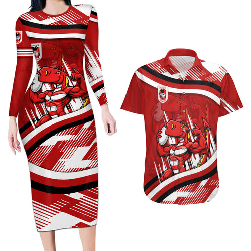 Dragons Rugby Mascot Couples Matching Long Sleeve Bodycon Dress and Hawaiian Shirt Fierce Athlete Graphic in Sports Style