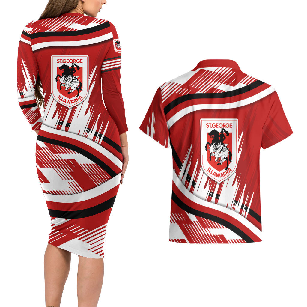 Dragons Rugby Mascot Couples Matching Long Sleeve Bodycon Dress and Hawaiian Shirt Fierce Athlete Graphic in Sports Style