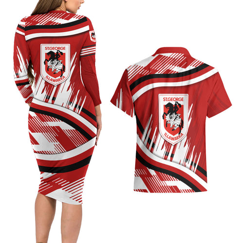 Dragons Rugby Mascot Couples Matching Long Sleeve Bodycon Dress and Hawaiian Shirt Fierce Athlete Graphic in Sports Style
