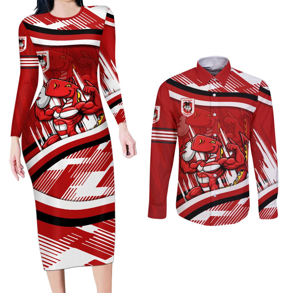 Dragons Rugby Mascot Couples Matching Long Sleeve Bodycon Dress and Long Sleeve Button Shirt Fierce Athlete Graphic in Sports Style
