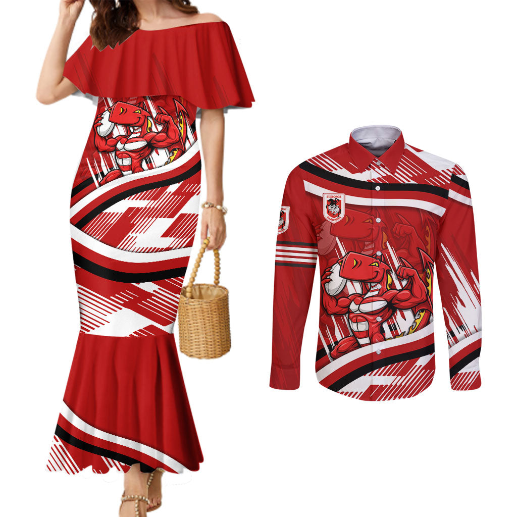 Dragons Rugby Mascot Couples Matching Mermaid Dress and Long Sleeve Button Shirt Fierce Athlete Graphic in Sports Style
