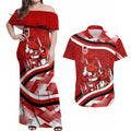 Dragons Rugby Mascot Couples Matching Off Shoulder Maxi Dress and Hawaiian Shirt Fierce Athlete Graphic in Sports Style