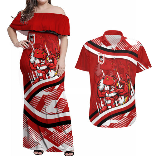 Dragons Rugby Mascot Couples Matching Off Shoulder Maxi Dress and Hawaiian Shirt Fierce Athlete Graphic in Sports Style