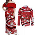 Dragons Rugby Mascot Couples Matching Off Shoulder Maxi Dress and Long Sleeve Button Shirt Fierce Athlete Graphic in Sports Style