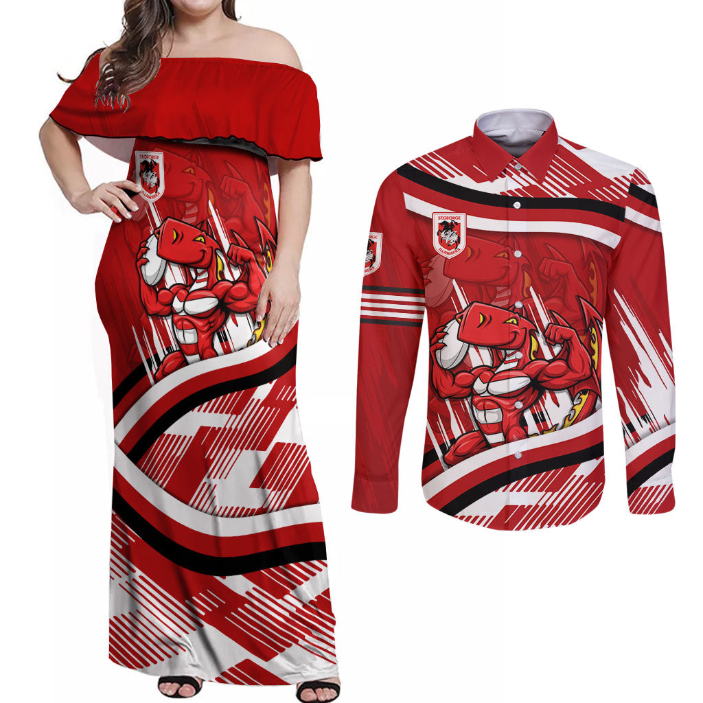 Dragons Rugby Mascot Couples Matching Off Shoulder Maxi Dress and Long Sleeve Button Shirt Fierce Athlete Graphic in Sports Style