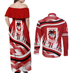 Dragons Rugby Mascot Couples Matching Off Shoulder Maxi Dress and Long Sleeve Button Shirt Fierce Athlete Graphic in Sports Style