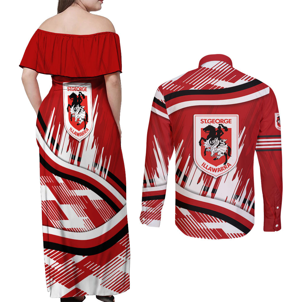 Dragons Rugby Mascot Couples Matching Off Shoulder Maxi Dress and Long Sleeve Button Shirt Fierce Athlete Graphic in Sports Style