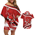 Dragons Rugby Mascot Couples Matching Off Shoulder Short Dress and Hawaiian Shirt Fierce Athlete Graphic in Sports Style