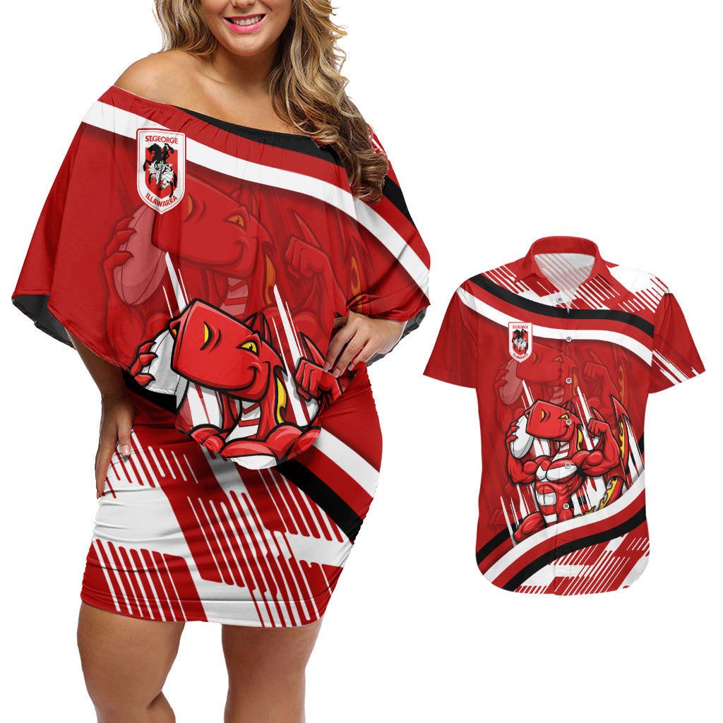 Dragons Rugby Mascot Couples Matching Off Shoulder Short Dress and Hawaiian Shirt Fierce Athlete Graphic in Sports Style