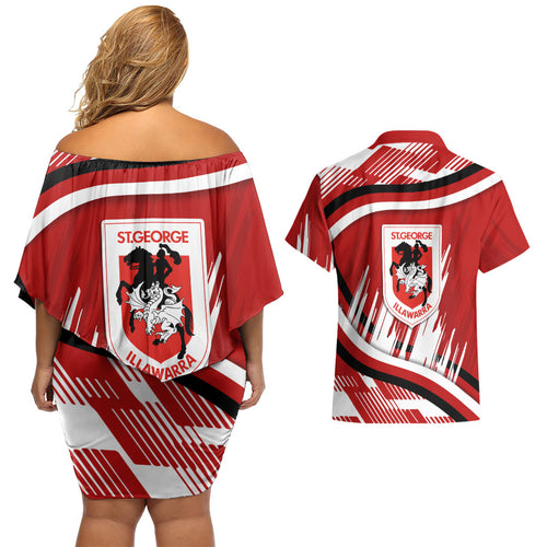 Dragons Rugby Mascot Couples Matching Off Shoulder Short Dress and Hawaiian Shirt Fierce Athlete Graphic in Sports Style
