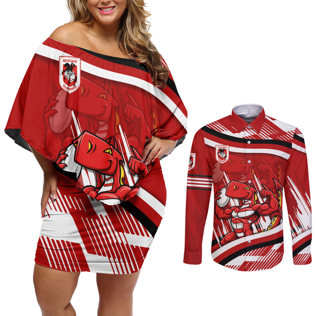 Dragons Rugby Mascot Couples Matching Off Shoulder Short Dress and Long Sleeve Button Shirt Fierce Athlete Graphic in Sports Style
