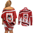 Dragons Rugby Mascot Couples Matching Off Shoulder Short Dress and Long Sleeve Button Shirt Fierce Athlete Graphic in Sports Style