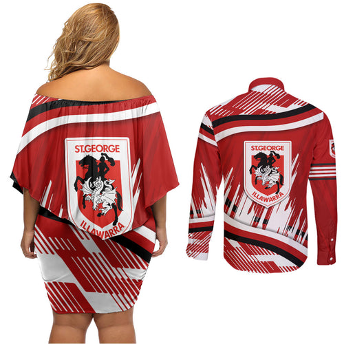 Dragons Rugby Mascot Couples Matching Off Shoulder Short Dress and Long Sleeve Button Shirt Fierce Athlete Graphic in Sports Style
