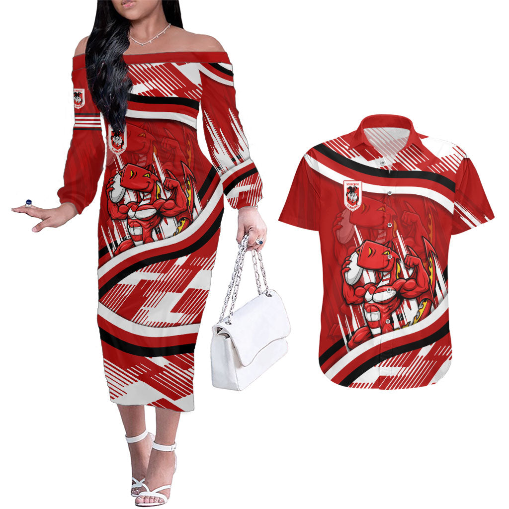 Dragons Rugby Mascot Couples Matching Off The Shoulder Long Sleeve Dress and Hawaiian Shirt Fierce Athlete Graphic in Sports Style