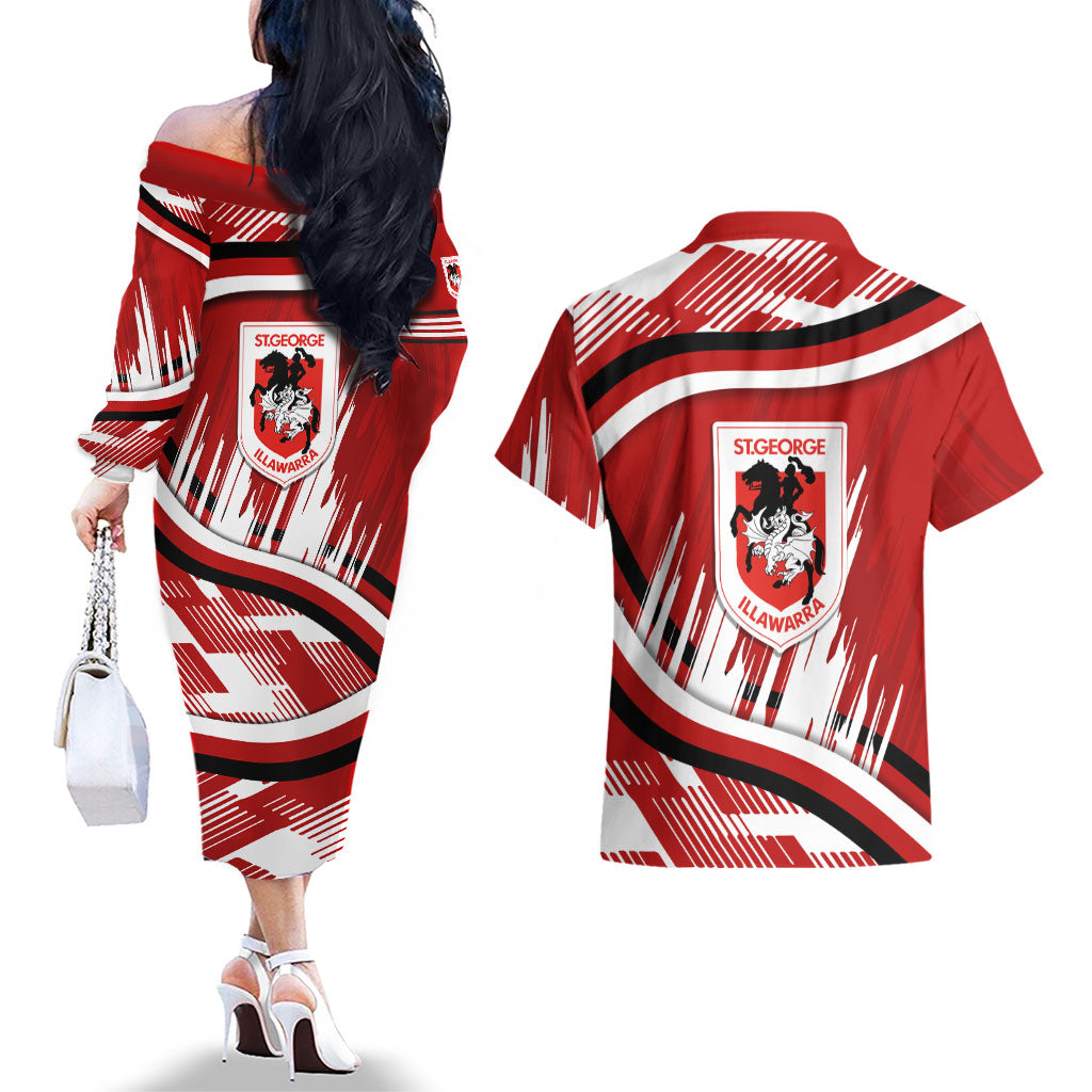 Dragons Rugby Mascot Couples Matching Off The Shoulder Long Sleeve Dress and Hawaiian Shirt Fierce Athlete Graphic in Sports Style