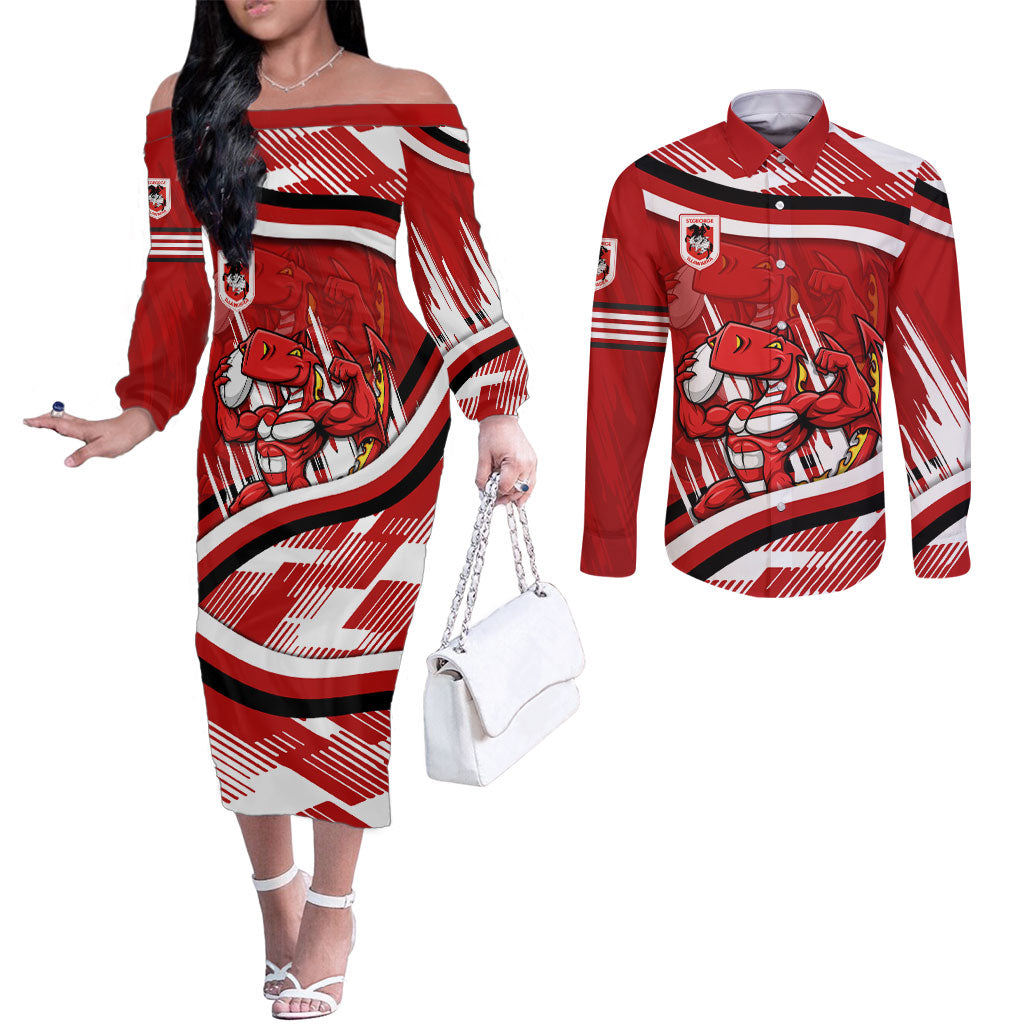 Dragons Rugby Mascot Couples Matching Off The Shoulder Long Sleeve Dress and Long Sleeve Button Shirt Fierce Athlete Graphic in Sports Style