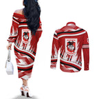 Dragons Rugby Mascot Couples Matching Off The Shoulder Long Sleeve Dress and Long Sleeve Button Shirt Fierce Athlete Graphic in Sports Style