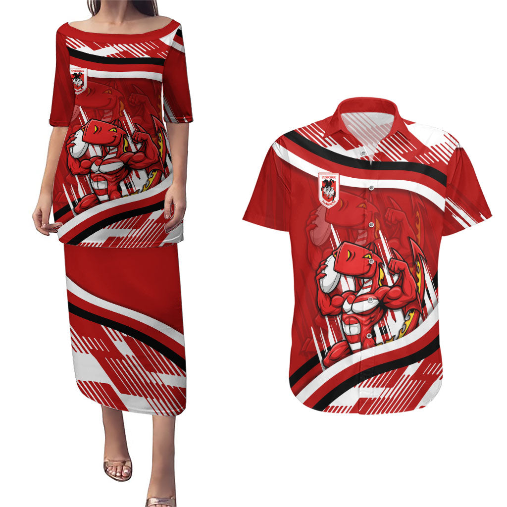 Dragons Rugby Mascot Couples Matching Puletasi and Hawaiian Shirt Fierce Athlete Graphic in Sports Style