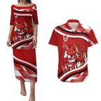 Dragons Rugby Mascot Couples Matching Puletasi and Hawaiian Shirt Fierce Athlete Graphic in Sports Style