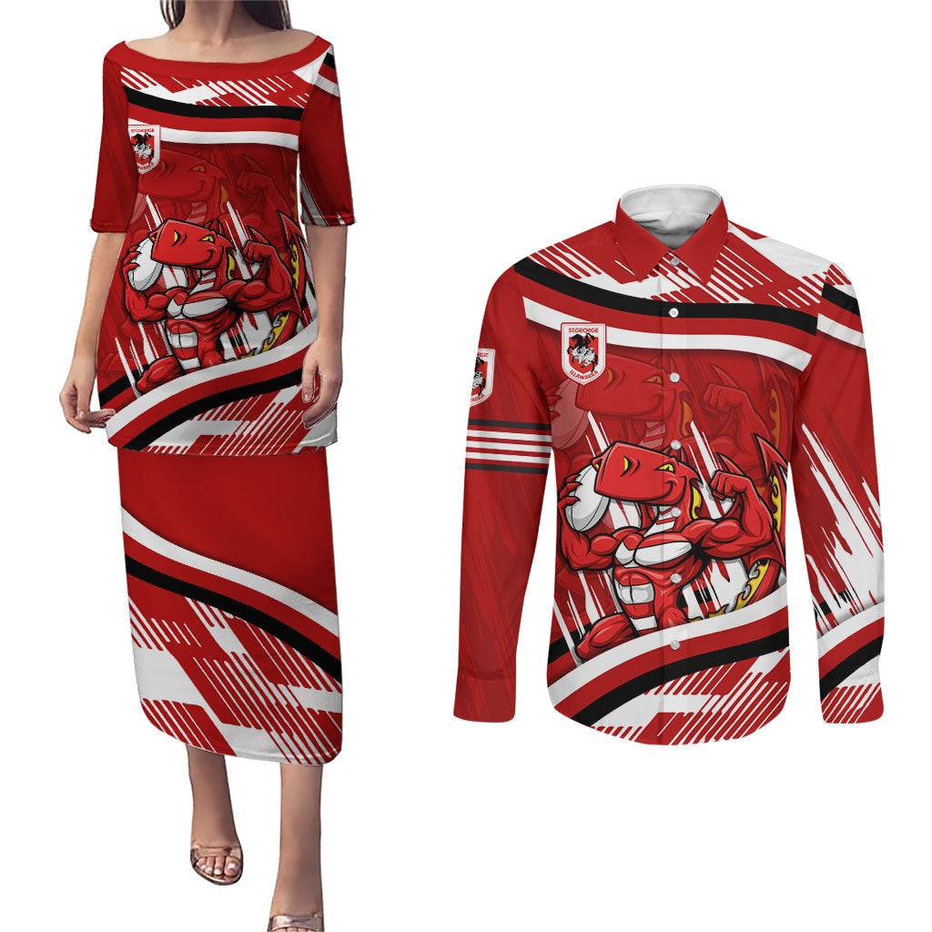 Dragons Rugby Mascot Couples Matching Puletasi and Long Sleeve Button Shirt Fierce Athlete Graphic in Sports Style