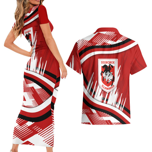 Dragons Rugby Mascot Couples Matching Short Sleeve Bodycon Dress and Hawaiian Shirt Fierce Athlete Graphic in Sports Style